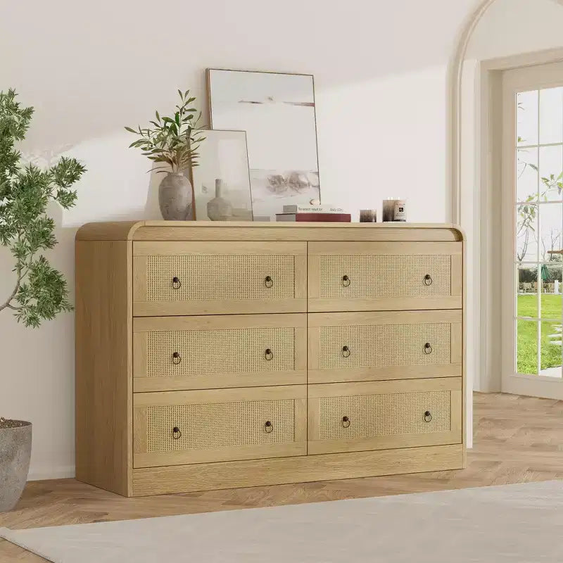 Commode 6 tiroirs style tissé pour chambre à coucher, grand meuble de rangement avec façades texturées