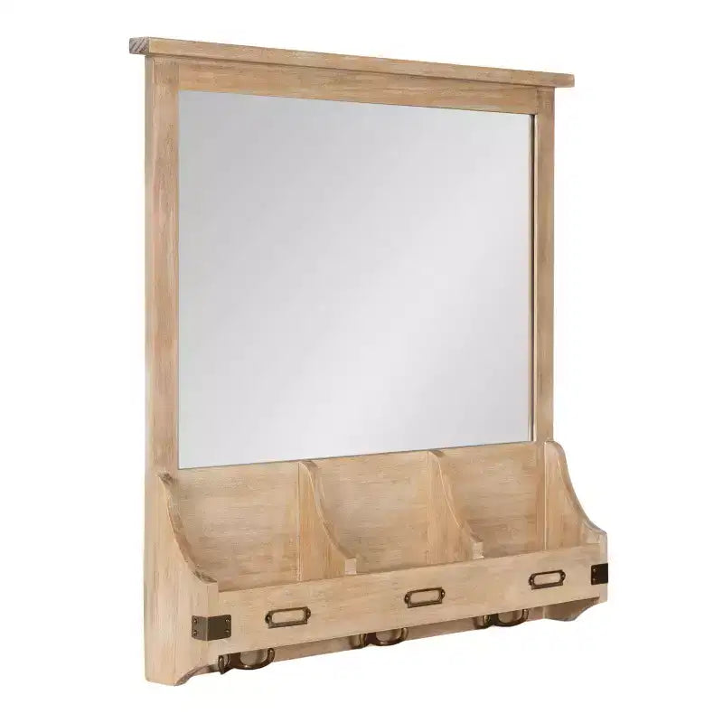 Kate and Laurel Stallard Wood Wall Mirror with Hooks, Natural, 24x24
