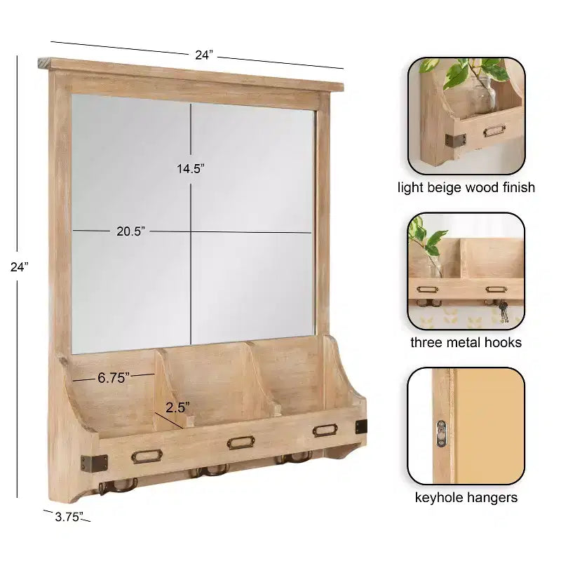 Miroir mural en bois Kate and Laurel Stallard avec crochets, naturel, 24x24