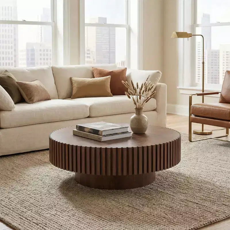 JVNOXK 39.37'' Round MDF Coffee Table Mid Century Modern Coffee Table Unique Coffee Table for Living Room Furniture,Walnut