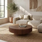 JVNOXK Table basse ronde 39,37'' en MDF, table basse moderne de style Mid-century, table basse unique pour meubles de salon, Noyer