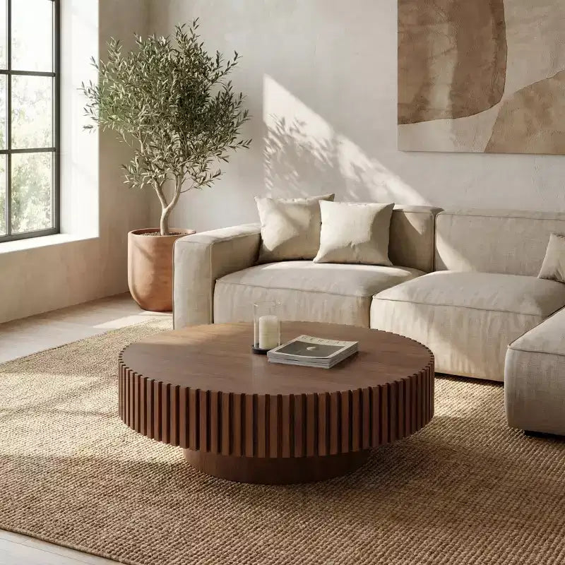 JVNOXK Table basse ronde 39,37'' en MDF, table basse moderne de style Mid-century, table basse unique pour meubles de salon, Noyer
