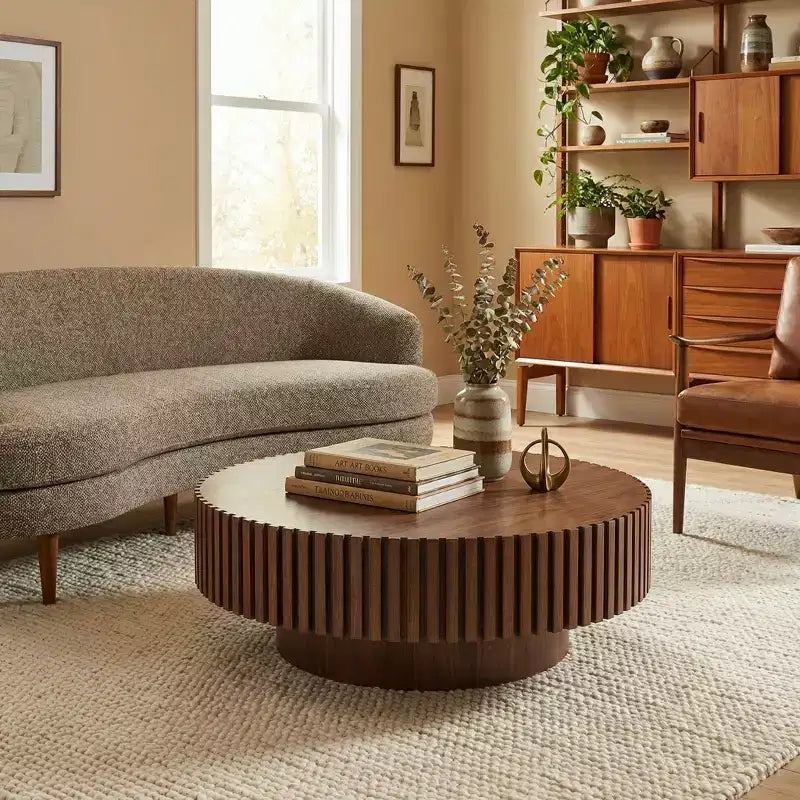 JVNOXK Table basse ronde 39,37'' en MDF, table basse moderne de style Mid-century, table basse unique pour meubles de salon, Noyer