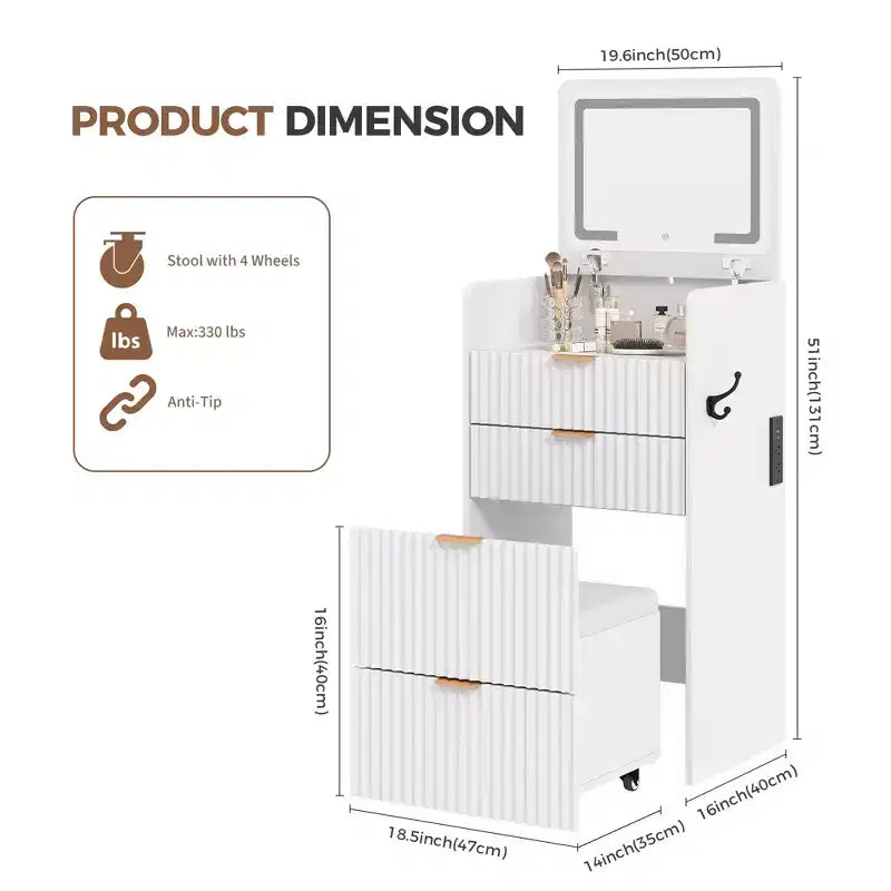 Coiffeuse 3 en 1 avec miroir rabattable éclairé, 3 tiroirs et tabouret roulant, design compact avec station de charge pour chambre à coucher