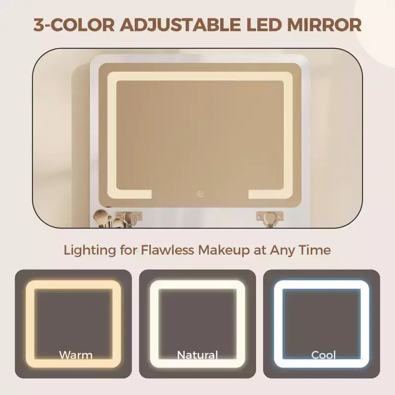Coiffeuse 3 en 1 avec miroir rabattable éclairé, 3 tiroirs et tabouret roulant, design compact avec station de charge pour chambre à coucher