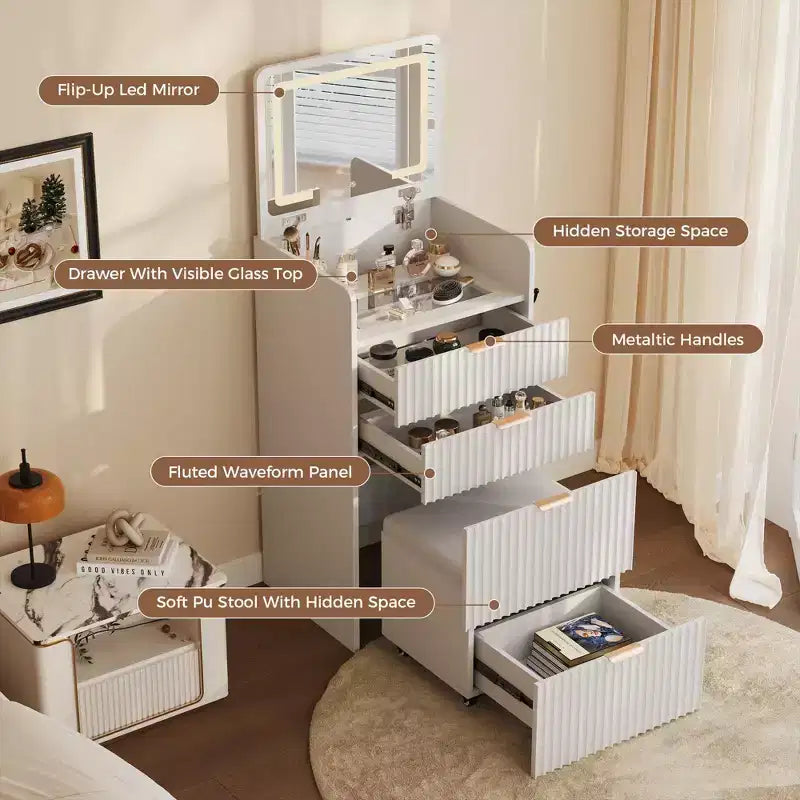 Coiffeuse 3 en 1 avec miroir rabattable éclairé, 3 tiroirs et tabouret roulant, design compact avec station de charge pour chambre à coucher