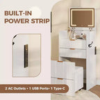Coiffeuse 3 en 1 avec miroir rabattable éclairé, 3 tiroirs et tabouret roulant, design compact avec station de charge pour chambre à coucher