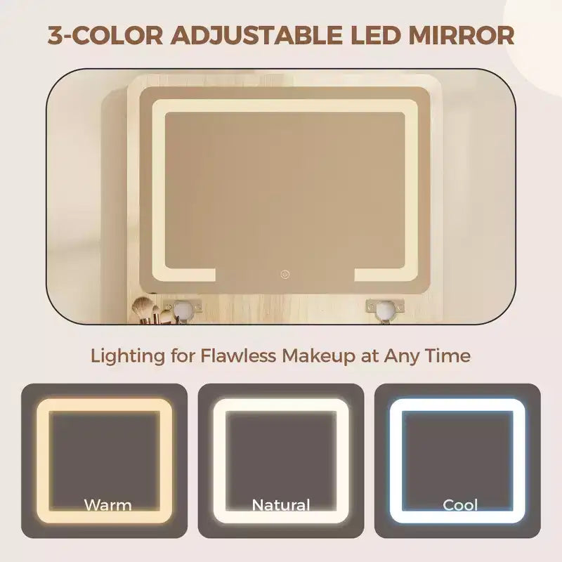 Coiffeuse 3 en 1 avec miroir rabattable éclairé, 3 tiroirs et tabouret roulant, design compact avec station de charge pour chambre à coucher