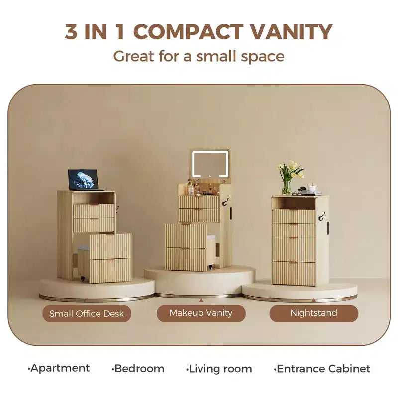 Coiffeuse 3 en 1 avec miroir rabattable éclairé, 3 tiroirs et tabouret roulant, design compact avec station de charge pour chambre à coucher
