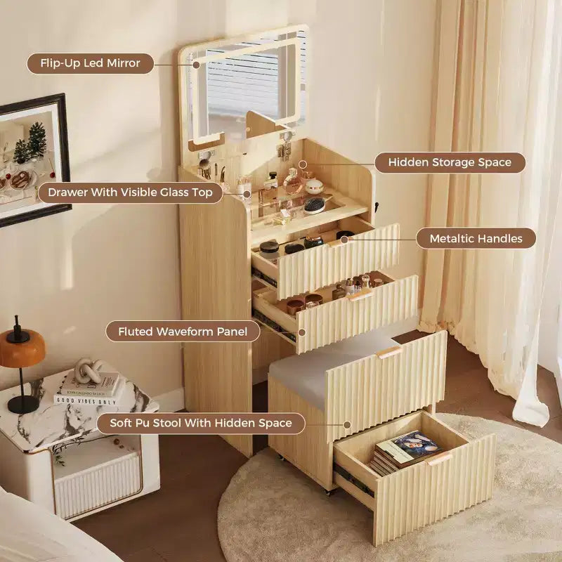 Coiffeuse 3 en 1 avec miroir rabattable éclairé, 3 tiroirs et tabouret roulant, design compact avec station de charge pour chambre à coucher