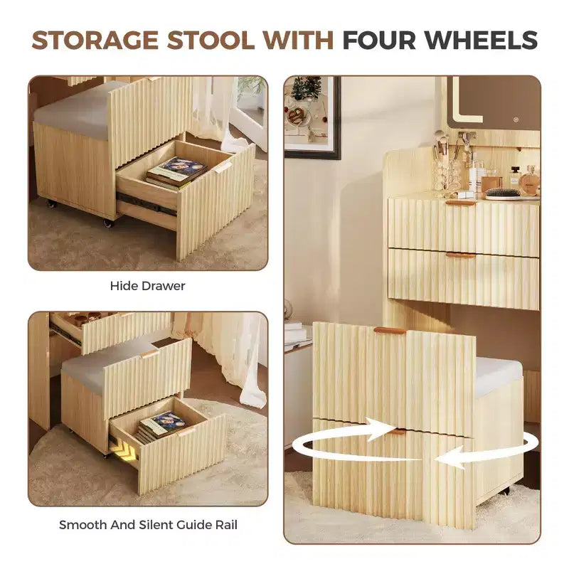 Coiffeuse 3 en 1 avec miroir rabattable éclairé, 3 tiroirs et tabouret roulant, design compact avec station de charge pour chambre à coucher