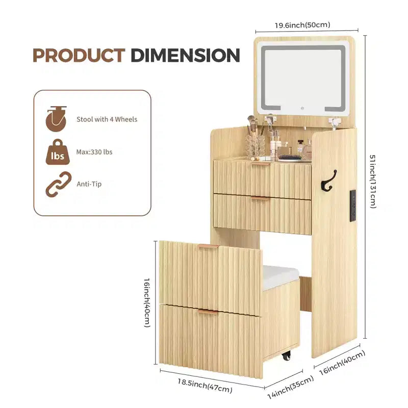 Coiffeuse 3 en 1 avec miroir rabattable éclairé, 3 tiroirs et tabouret roulant, design compact avec station de charge pour chambre à coucher