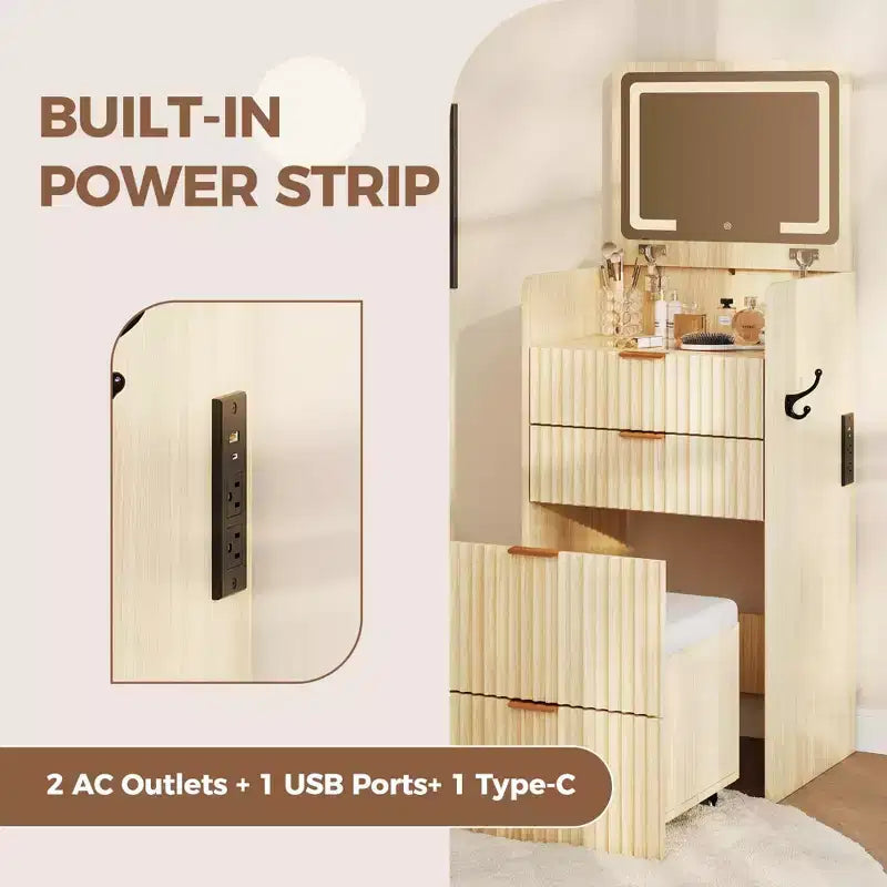 Coiffeuse 3 en 1 avec miroir rabattable éclairé, 3 tiroirs et tabouret roulant, design compact avec station de charge pour chambre à coucher