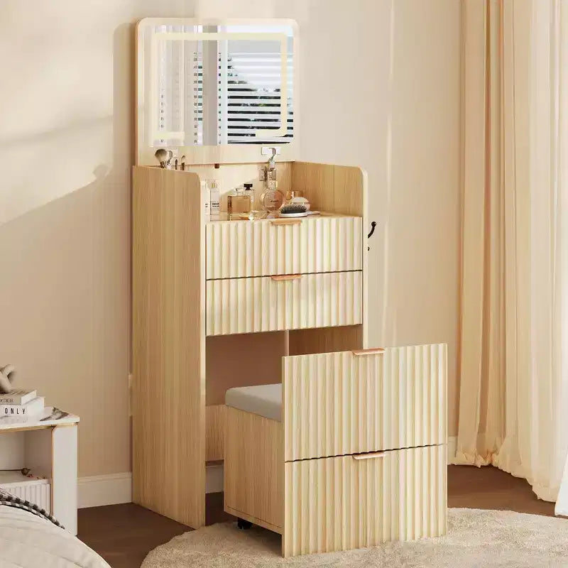 3-in-1 Dressing Vanity Desk with Lighted Flip Mirror, 3 Drawers & Rolling Stool, Compact Design with Charging for Bedroom