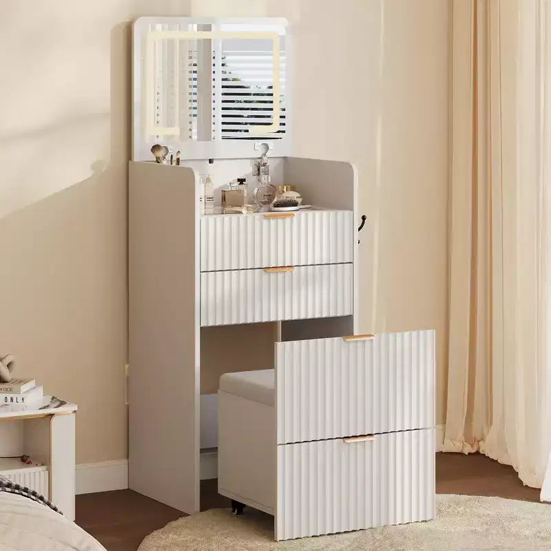 Coiffeuse 3 en 1 avec miroir rabattable éclairé, 3 tiroirs et tabouret roulant, design compact avec station de charge pour chambre à coucher