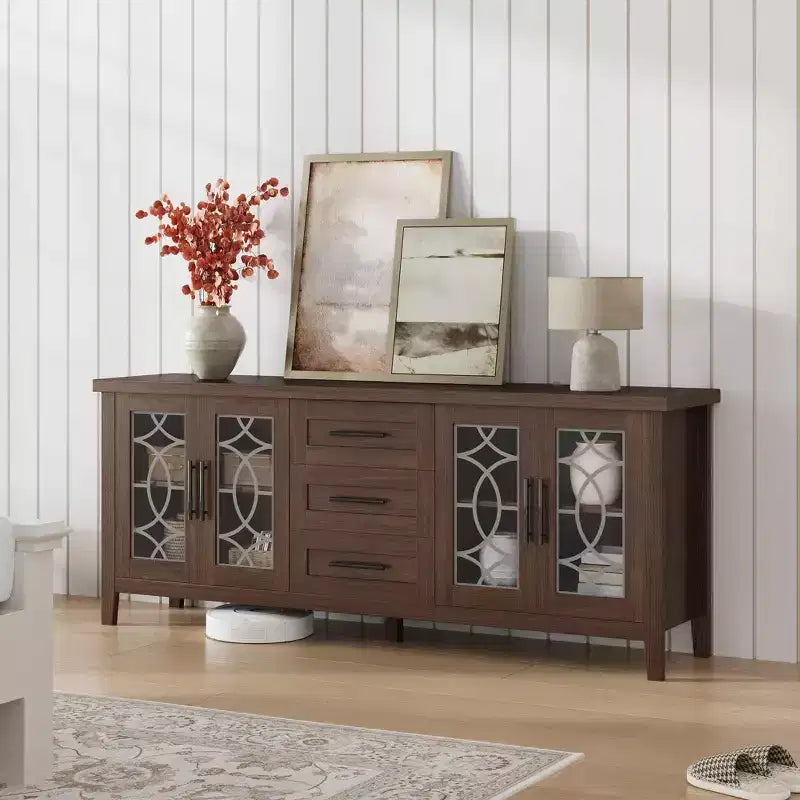 Meuble TV de ferme pour téléviseurs de 75 pouces, meuble de divertissement en bois avec 3 tiroirs et 2 placards à façade en verre, console multimédia pour salon