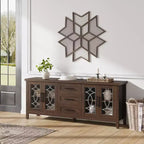 Meuble TV de ferme pour téléviseurs de 75 pouces, meuble de divertissement en bois avec 3 tiroirs et 2 placards à façade en verre, console multimédia pour salon