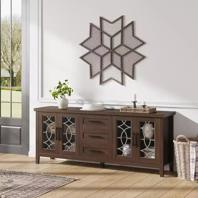 Meuble TV de ferme pour téléviseurs de 75 pouces, meuble de divertissement en bois avec 3 tiroirs et 2 placards à façade en verre, console multimédia pour salon
