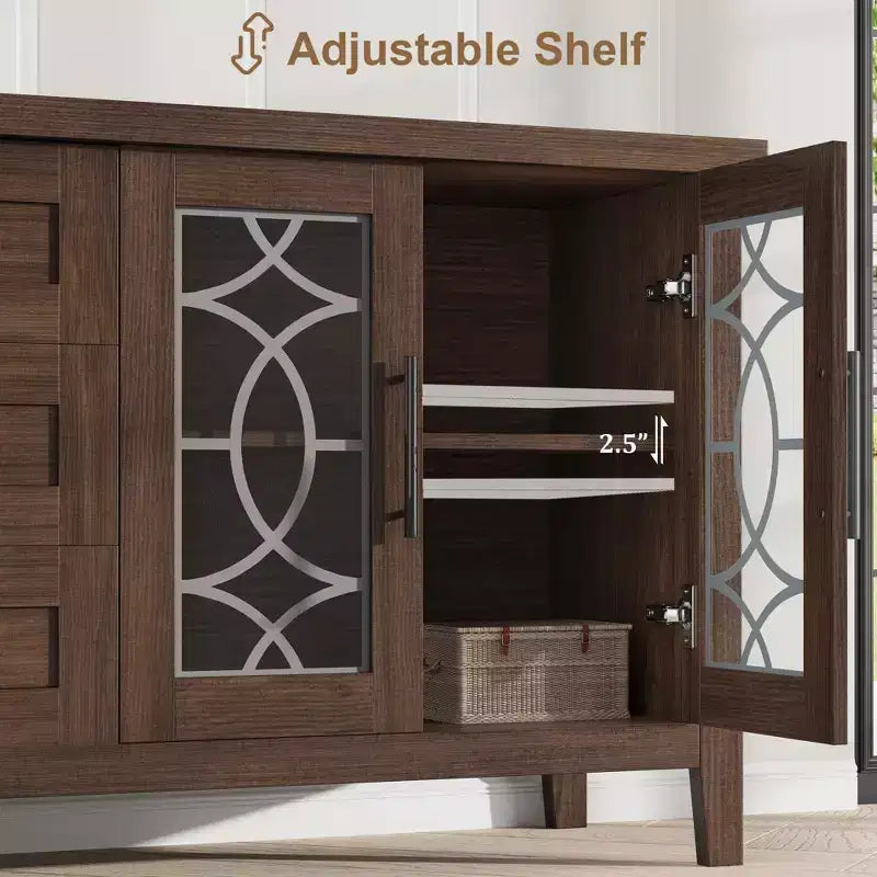 Meuble TV de ferme pour téléviseurs de 75 pouces, meuble de divertissement en bois avec 3 tiroirs et 2 placards à façade en verre, console multimédia pour salon