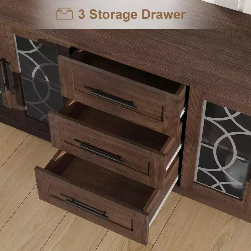 Meuble TV de ferme pour téléviseurs de 75 pouces, meuble de divertissement en bois avec 3 tiroirs et 2 placards à façade en verre, console multimédia pour salon