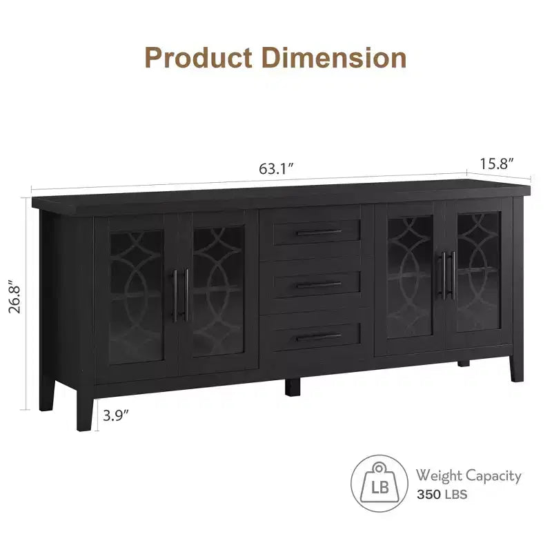 Meuble TV de ferme pour téléviseurs de 75 pouces, meuble de divertissement en bois avec 3 tiroirs et 2 placards à façade en verre, console multimédia pour salon