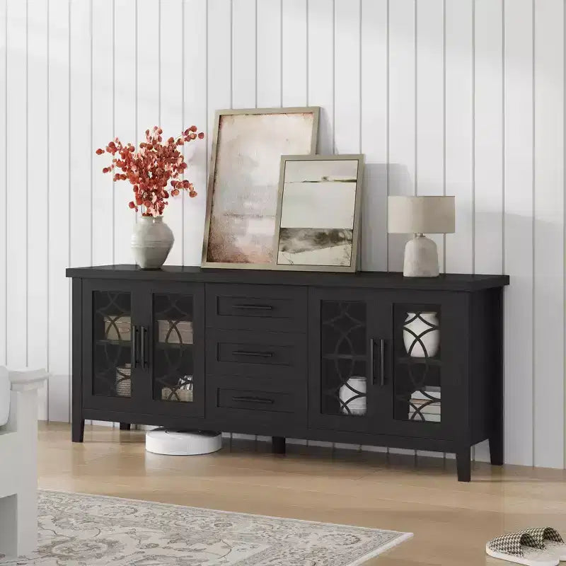 Meuble TV de ferme pour téléviseurs de 75 pouces, meuble de divertissement en bois avec 3 tiroirs et 2 placards à façade en verre, console multimédia pour salon