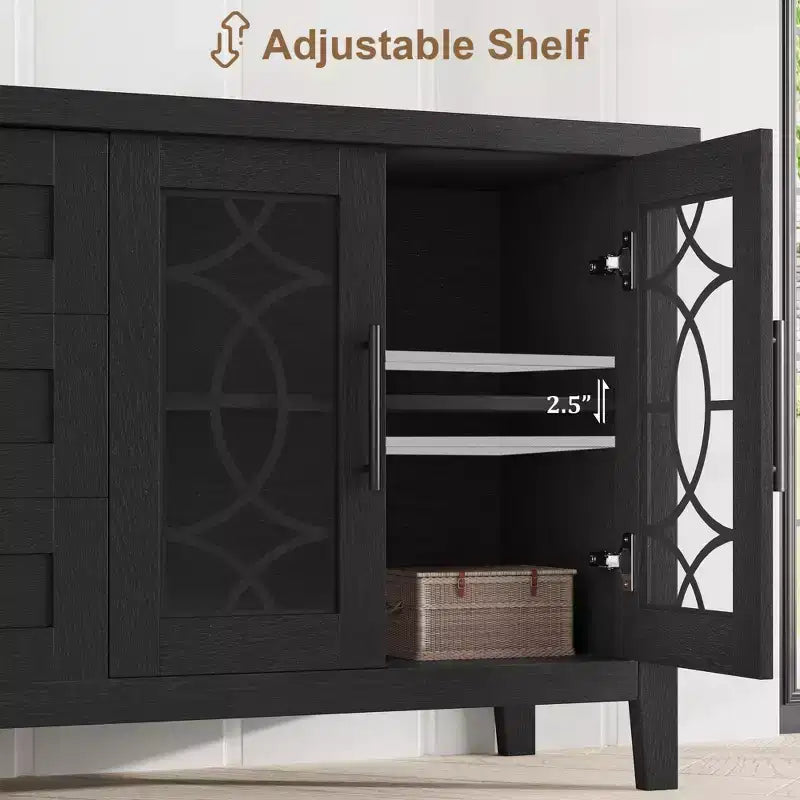 Meuble TV de ferme pour téléviseurs de 75 pouces, meuble de divertissement en bois avec 3 tiroirs et 2 placards à façade en verre, console multimédia pour salon