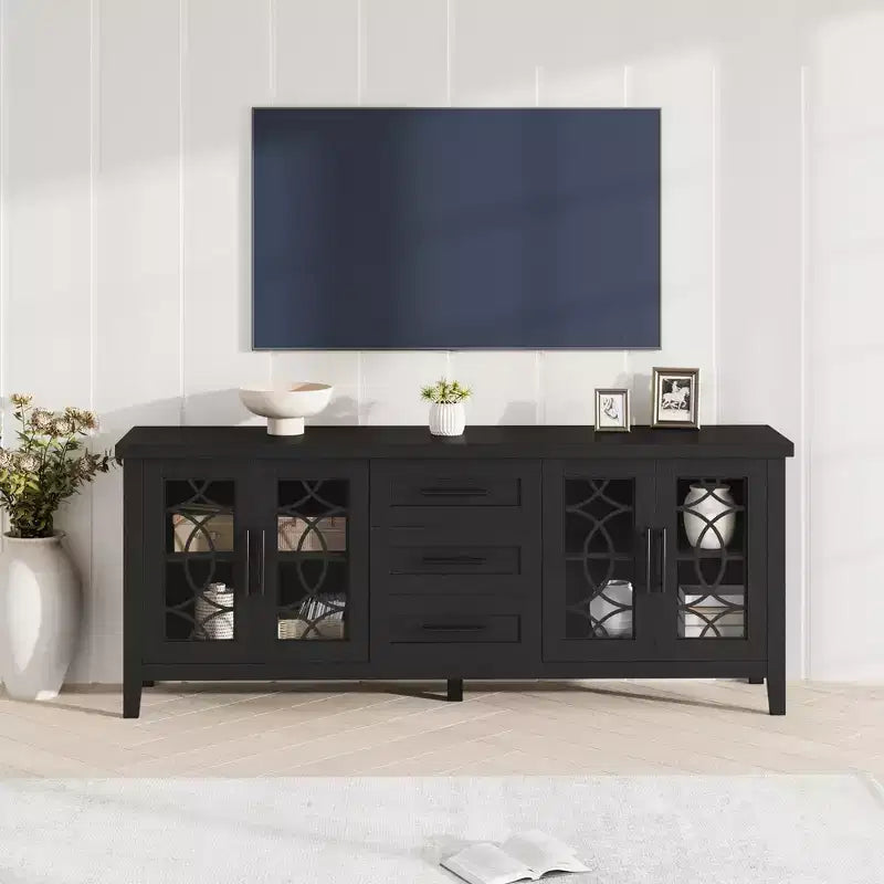 Meuble TV de ferme pour téléviseurs de 75 pouces, meuble de divertissement en bois avec 3 tiroirs et 2 placards à façade en verre, console multimédia pour salon