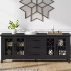 Farmhouse TV Stand for 75 Inch TVs, Wooden Entertainment Center w/ 3 Drawers & 2 Glass-Front Cabinets, Media Console Table for Living Room