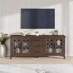 Meuble TV de ferme pour téléviseurs de 75 pouces, meuble de divertissement en bois avec 3 tiroirs et 2 placards à façade en verre, console multimédia pour salon