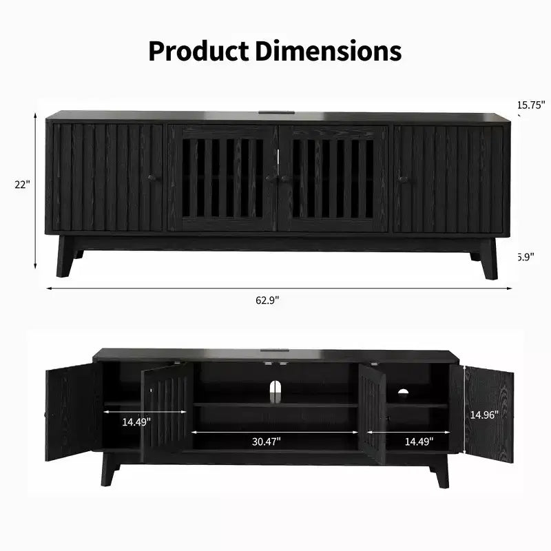 Meuble TV pour salon, meuble TV 63 po pour téléviseurs jusqu'à 70 po avec prise de courant, étagères de rangement réglables, table console multimédia