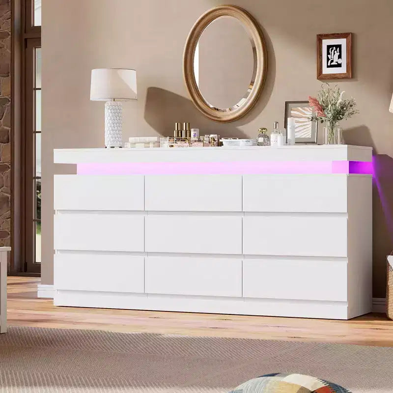 9 Drawer Dresser, Chest of Drawers with LED Light and Charging Station, TV Stand Multi-Function Home Organizer for Living Room, Entryway, Hallway