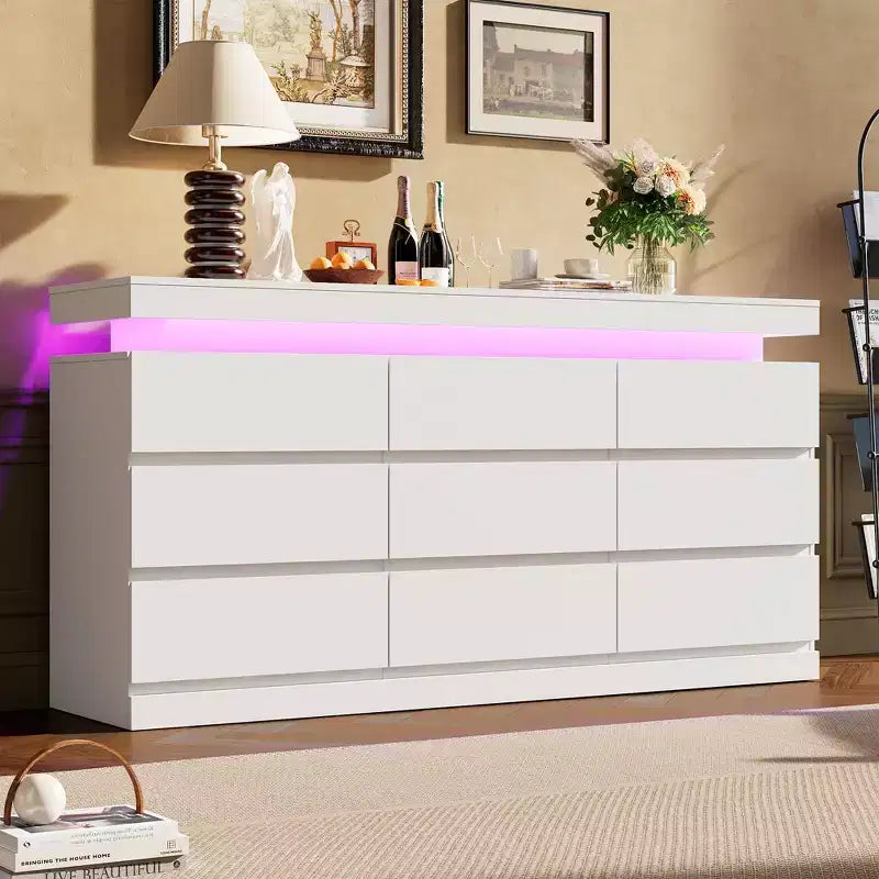 Commode à 9 tiroirs, avec lumière LED et station de charge, meuble TV multifonctionnel pour salon, entrée, couloir