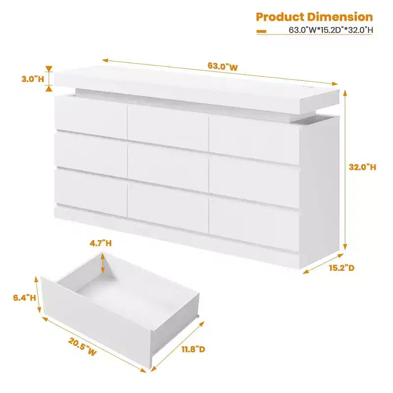 Commode à 9 tiroirs, avec lumière LED et station de charge, meuble TV multifonctionnel pour salon, entrée, couloir