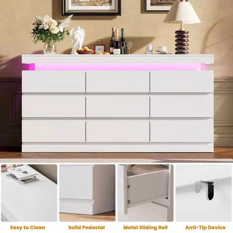 Commode à 9 tiroirs, avec lumière LED et station de charge, meuble TV multifonctionnel pour salon, entrée, couloir
