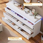 Commode à 9 tiroirs, avec lumière LED et station de charge, meuble TV multifonctionnel pour salon, entrée, couloir