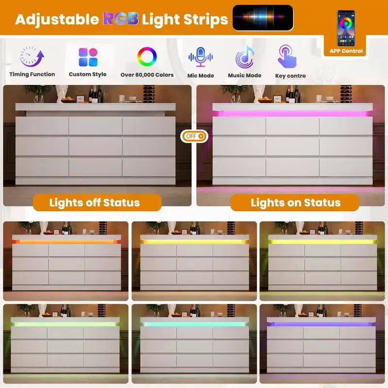 Commode à 9 tiroirs, avec lumière LED et station de charge, meuble TV multifonctionnel pour salon, entrée, couloir