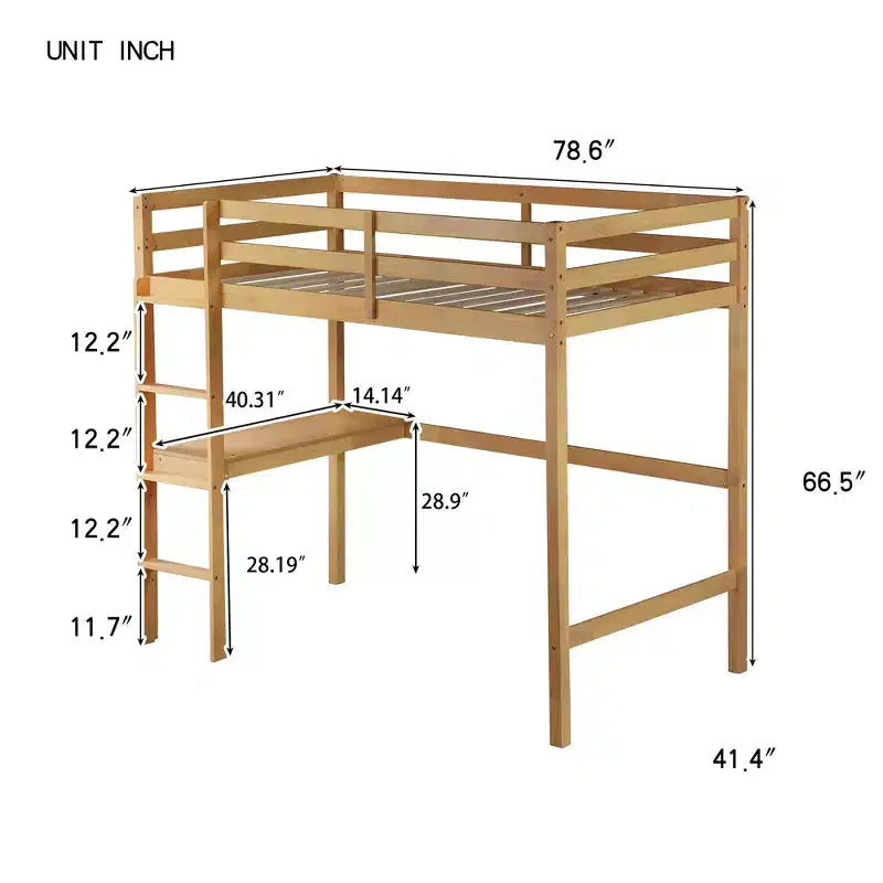 Sailvan Twin High Loft Bed, Rubber Wood Loft Bed with Safety Guardrail, Built-in Desk & Ladder