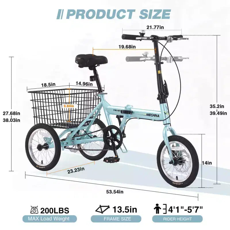 Tricycle pliant à 3 roues pour adultes NAYSAYE avec panier, cadre en acier pliable et grande capacité de charge, bleu clair, 53.54*23.23*39.49