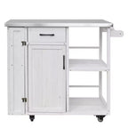sumyeg Outdoor Kitchen Island Cart with Stainless Steel Top, Fir Wood Prep Station with Storage Cabinet, Drawer, Shelves and Lockable Wheels, White