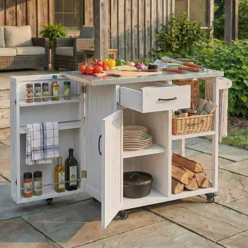 sumyeg Desserte de cuisine extérieure avec plateau en acier inoxydable, station de préparation en bois de sapin avec armoire de rangement, tiroir, étagères et roues verrouillables, blanc