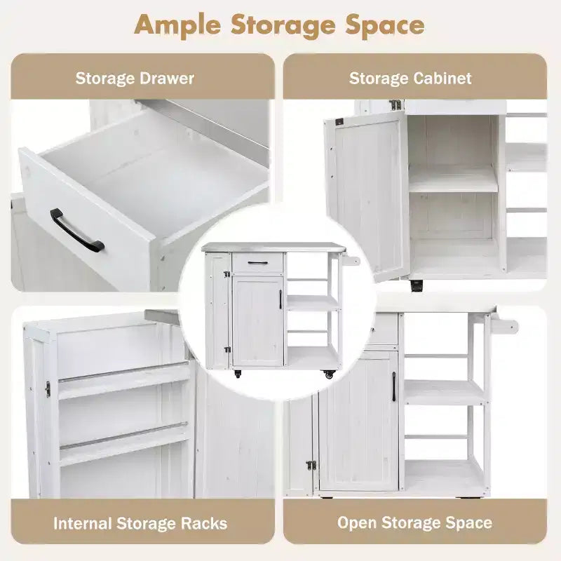 sumyeg Desserte de cuisine extérieure avec plateau en acier inoxydable, station de préparation en bois de sapin avec armoire de rangement, tiroir, étagères et roues verrouillables, blanc