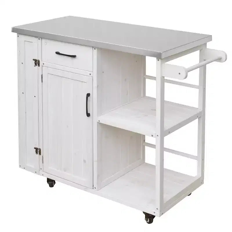 sumyeg Desserte de cuisine extérieure avec plateau en acier inoxydable, station de préparation en bois de sapin avec armoire de rangement, tiroir, étagères et roues verrouillables, blanc