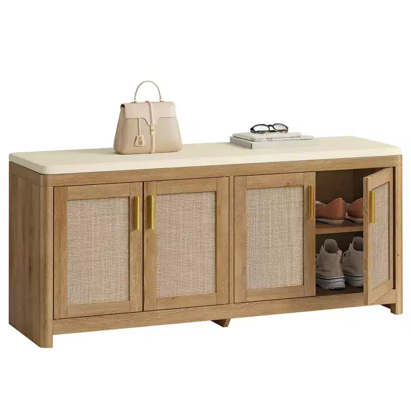 VASAGLE ELLAN Collection - Boho Shoe Bench with Cushion, Entryway Storage Bench with 4 Rattan-Look Cabinet Doors, Adjustable Shelf, Natural Brown