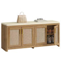 VASAGLE ELLAN Collection - Boho Shoe Bench with Cushion, Entryway Storage Bench with 4 Rattan-Look Cabinet Doors, Adjustable Shelf, Natural Brown
