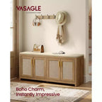 VASAGLE Collection ELLAN - Banc à chaussures bohème avec coussin, Banc de rangement d'entrée avec 4 portes d'armoire effet rotin, Étagère réglable, Marron naturel