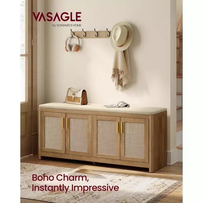 VASAGLE Collection ELLAN - Banc à chaussures bohème avec coussin, Banc de rangement d'entrée avec 4 portes d'armoire effet rotin, Étagère réglable, Marron naturel
