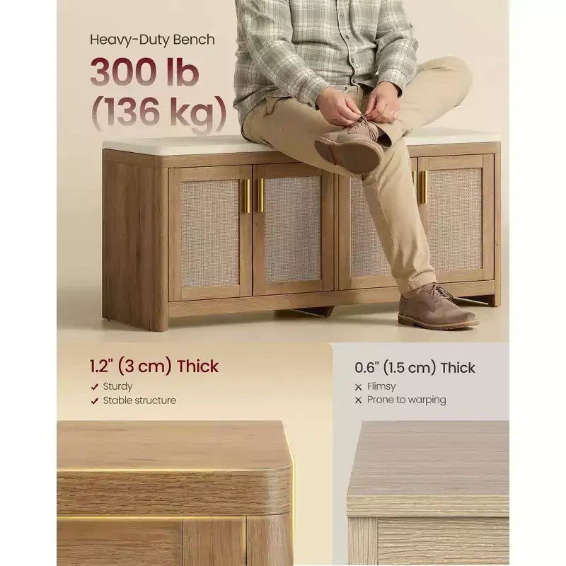 VASAGLE Collection ELLAN - Banc à chaussures bohème avec coussin, Banc de rangement d'entrée avec 4 portes d'armoire effet rotin, Étagère réglable, Marron naturel