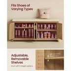 VASAGLE Collection ELLAN - Banc à chaussures bohème avec coussin, Banc de rangement d'entrée avec 4 portes d'armoire effet rotin, Étagère réglable, Marron naturel