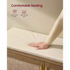 VASAGLE Collection ELLAN - Banc à chaussures bohème avec coussin, Banc de rangement d'entrée avec 4 portes d'armoire effet rotin, Étagère réglable, Marron naturel